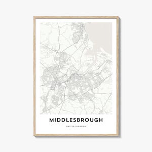 Midallsbrough Karte Poster Druck, Teesside Wandkunst, North Yorkshire Dekor, England Stadtstraße Kunstwerk