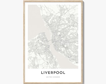 Liverpool karta affischtryck, Merseyside väggkonst, England dekor, Storbritannien stadsgatukonst