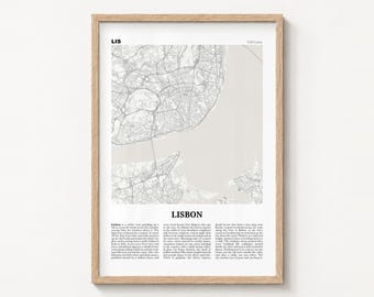 Mapa de Lisboa impreso, póster de periódico, decoración mural de viaje por la ciudad.