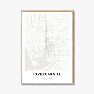 Impression de carte d'Invercargill, cadeau de carte d'Invercargill, affiche d'Invercargill, oeuvre d'art de plan de la ville pour la maison et le bureau, Nouvelle-Zélande