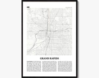 Grand Rapids Map Print, Newspaper Poster, City Travel Wall Art Decor