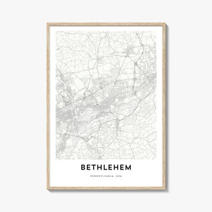 Kaart van Bethlehem, Pennsylvania print, Bethlehem kaart cadeau, Bethlehem poster, stadsplattegrond kunstwerk voor thuis en op kantoor,