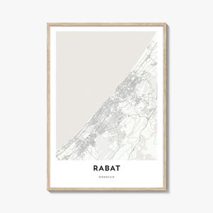 Impression de carte de Rabat, cadeau carte de Rabat, affiche de Rabat, oeuvre d'art de plan de la ville pour la maison et le bureau, Maroc