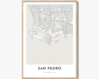 Póster con mapa de San Pedro, arte mural de Los Ángeles, decoración de California, calle de ciudad de EE. UU.