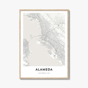 Impression de carte d'Alameda, cadeau carte d'Alameda, affiche d'Alameda, oeuvre d'art de plan de la ville pour la maison et le bureau, Californie