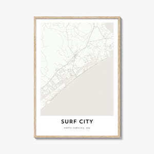 Mapa de Surf City Print, presente de mapa de Surf City, pôster de Surf City, arte de mapa de cidade para casa e escritório, Carolina do Norte