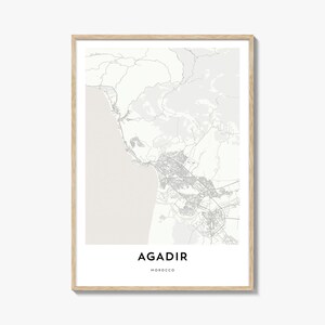 Impression de carte d'Agadir, cadeau de carte d'Agadir, affiche d'Agadir, oeuvre d'art de plan de la ville pour la maison et le bureau, Maroc