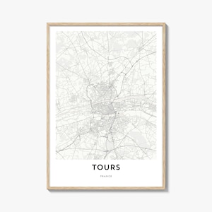 Impression de la carte de Tours, cadeau de carte de Tours, affiche de Tours, oeuvre d'art de plan de la ville pour la maison et le bureau, France