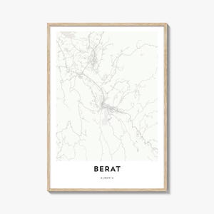 Impression de carte de Berat, cadeau de carte de Berat, affiche de Berat, oeuvre d'art de plan de la ville pour la maison et le bureau, Albanie