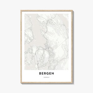 Mapa de Bergen impresso, presente de mapa de Bergen, pôster de Bergen, arte de mapa da cidade para casa e escritório, Noruega