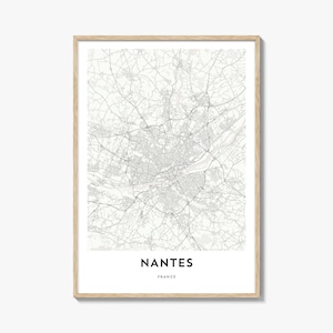 ナント地図ポスタープリント、ブルターニュの壁アート、フランスの装飾、ロワールの街路のアートワーク