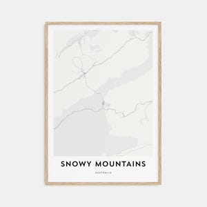 Stampa mappa delle montagne innevate, regalo mappa delle montagne innevate, poster delle montagne innevate, opera d'arte mappa della città per casa e ufficio, Australia