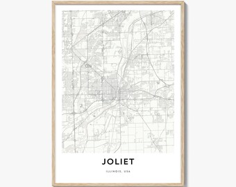 Joliet Map Poster Print, Illinois Wall Art, USA Decor, Chicagoland City Street Artwork