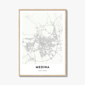 Stampa poster con mappa di Medina, arte murale di Al Madinah, decorazioni dell'Arabia Saudita, strada della città islamica