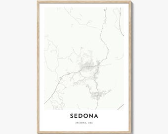 Sedona karta affischtryck, röd klippväggkonst, Arizona dekor, USA stadsgatukonstverk