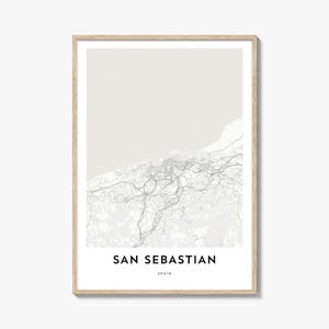 Impression d'affiche de carte de Saint-Sébastien, art mural Donostia, déco Pays Basque, Espagne, rue de la ville