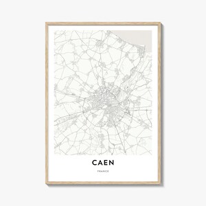 Impression de carte de Caen, cadeau de carte de Caen, affiche de Caen, oeuvre d'art de plan de la ville pour la maison et le bureau, France