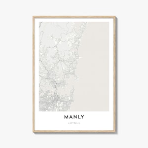 Impression de carte de Manly, cadeau de carte masculine, affiche masculine, oeuvre d'art de plan de ville pour la maison et le bureau, Australie
