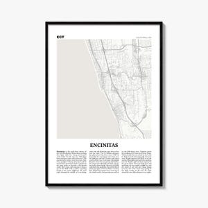 Könnte beinhalten: Ein gerahmter Kunstdruck mit einer hellgrauen Karte von Encinitas, Kalifornien, mit dünnen schwarzen Linien für Straßen und Küstengeografie. Der Text ECT und CALIFORNIA, USA steht oben, darunter ein beschreibender Textabschnitt über Encinitas.