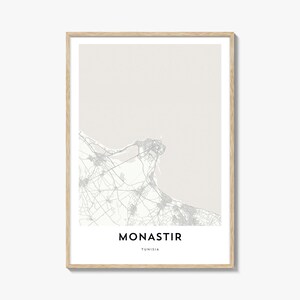 Impression de carte de Monastir, cadeau de carte de Monastir, affiche de Monastir, oeuvre d'art de plan de la ville pour la maison et le bureau, Tunisie