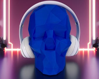 3D Printed Low Poly Skull – Headphone Stand, Gamer Decor