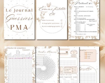 May include: A printable journal designed for women undergoing in vitro fertilization (IVF) treatment. The journal includes sections for tracking symptoms, mood, and medication. The cover features a floral design and the text "Le journal d'une Guerriere en PMA".