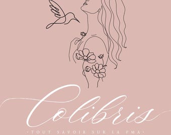 May include: A book cover with a pink background featuring a line drawing of a woman looking up at a hummingbird. The title "Colibris" is written in elegant script, with additional text below. Floral illustrations frame the top and bottom.