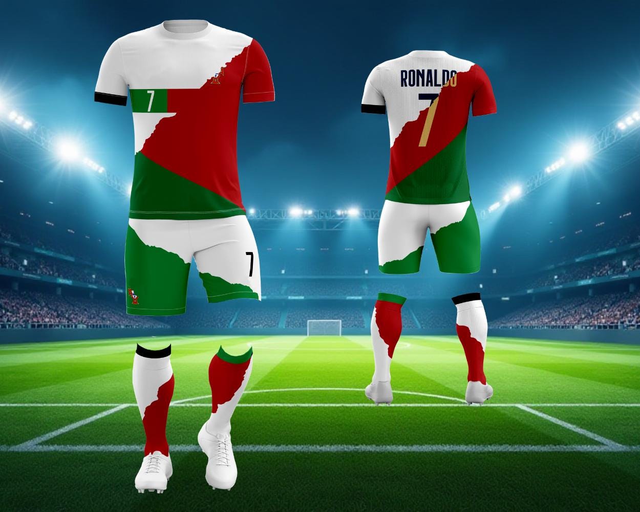 Portugal Soccer #7 Kids Jersey, Soccer Fans Training Jersey, Personalized Soccer Jersey & Shorts with Socks for Boys, Girls Size