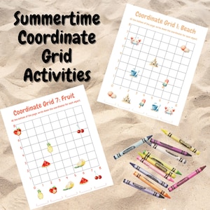 May include: Two printable worksheets with a grid and images of summer-themed objects. The first worksheet is titled "Coordinate Grid 1: Beach" and features a crab, a seashell, a sandcastle, an ice cream cone, a bucket, and a beach umbrella. The second worksheet is titled "Coordinate Grid 7: Fruit" and features a pineapple, a watermelon, a strawberry, a lemon, and a cherry.