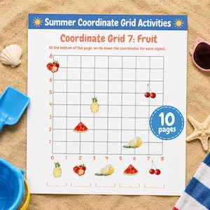 May include: A white worksheet with the title "Summer Coordinate Grid Activities" and "Coordinate Grid 7: Fruit". The worksheet features a grid with fruit illustrations and a "10 pages" sticker. The worksheet is on a sandy surface with beach accessories.