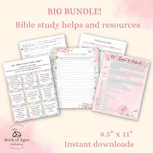 Könnte beinhalten: Ein Paket mit Bibelstudienmaterialien, darunter KJV-Bibelverskarten, eine Seite zum Gebet und ein OT-Jesaja bis Maleachi-Kreuzworträtsel. Das Paket ist 21,6 cm x 27,9 cm groß und zeigt florale Akzente sowie den Text "BIG BUNDLE!" und "Instant downloads".