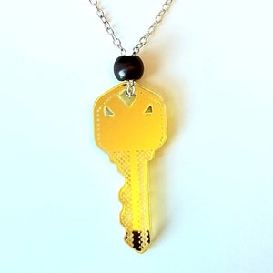Elaine Perlov Latch Key Kid Necklace Sterling Silver 16&quot; Choker Length Chain Pop Art Inspired Die Cut Gold Mirror Plexi Oversized House Key