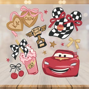 May include: A collection of cartoon illustrations featuring a red race car, a milkshake with the number 95, a trophy, and heart-shaped lockets with text. Accents include bows, stars, and cherries.