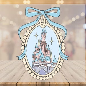 May include: A blue and white illustration of a fairytale castle with a bow and pearl accents. The castle is surrounded by stars and a light blue sky.