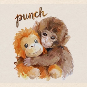 May include: Watercolor illustration of two monkeys hugging. One monkey is brown, and the other is orange. The word "punch" is written in brown cursive above the monkeys.