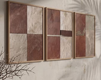 Burgundy and Beige Wall Art Set of 3, Earthy Maroon Abstract Artwork, Textured Modern Primitive Triptych, Above Bed Poster Digital Download