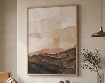 Abstrakt horisontväggkonst, neutralt landskapstryck, Wabi Sabi jordfärger, beige och rostfärgad textur, Japandi vardagsrumsinredning, modern konst