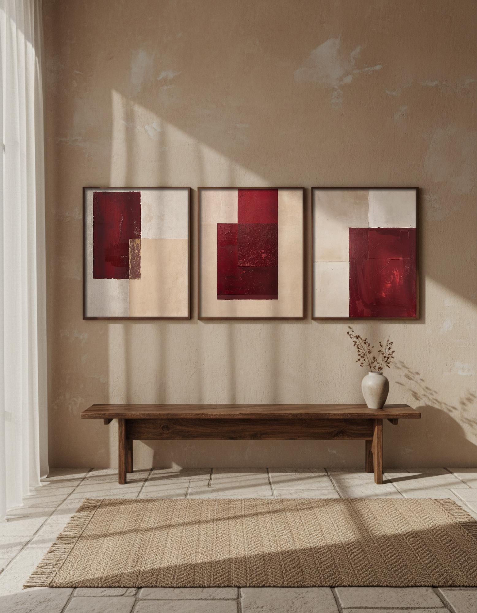 Wine Red Abstract Triptych Set of 3, Maroon Textured Wall Art, Modern ...