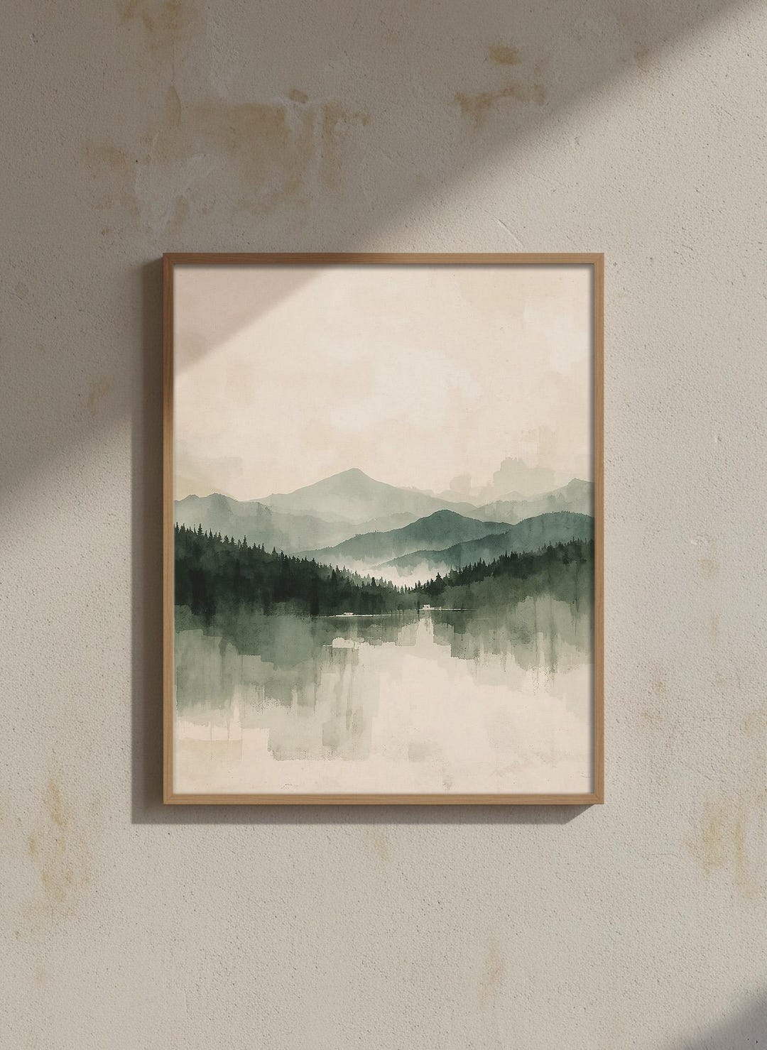 Misty Mountain Watercolor Print, Sage Green Forest Art, Japandi Wall ...
