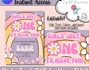 Invitación para el primer cumpleaños de niña: Plantilla de Canva editable con diseño floral retro