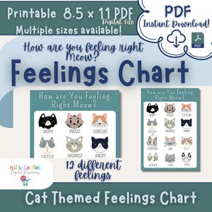 Puede incluir: Gráfico de sentimientos imprimible en PDF de 8,5 x 11 pulgadas con 12 ilustraciones de gatos diferentes con emociones correspondientes. El gráfico se titula "¿Cómo te sientes ahora mismo?" y "Gráfico de sentimientos con temática de gatos".