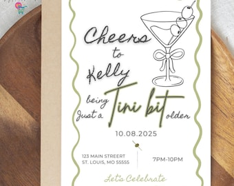 Invitación de cumpleaños con Martini: Plantilla neutra editable (descarga digital)