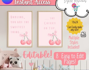 Decoración de pared con diseño de cerezas para habitación de niña (descarga digital de 18 x 24 pulgadas)