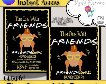 Plantilla de invitación para Acción de Gracias: invitación editable en Canva con temática de amigos, ¡acceso instantáneo!