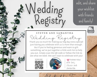 Tarjeta de registro de boda: Plantilla elegante de lista de deseos (editable en Canva)