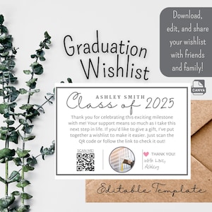 Afdrukbare kaart Giftful Grad-verlanglijst | Deel je register met uitnodigingen | Bewerkbare sjabloon voor babyshowers, bruiloften, verjaardagen en meer