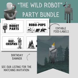 Wild Robot Birthday Party Bundle: Editable Banner & Food Labels (Canva Templates)