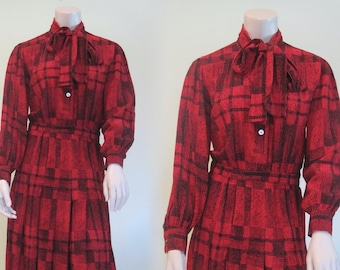 80s Plaid Silk Dress - Vintage Black & Red Silk Dress with Tie Neck - Glam 1980s Red Dress S M