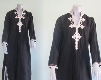 70s Kaiser Dress - Vintage Black Cotton Embroidered Kaftan - Boho 1970s Black Maxi Dress w Cord Embroidery S