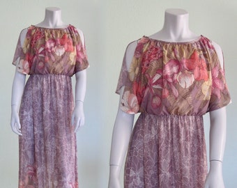 70s Blouson Dress - Vintage Sheer Floral Boho Dress - Dreamy 1970s Purple & Pink Floral Slit Sleeve Maxi Dress S